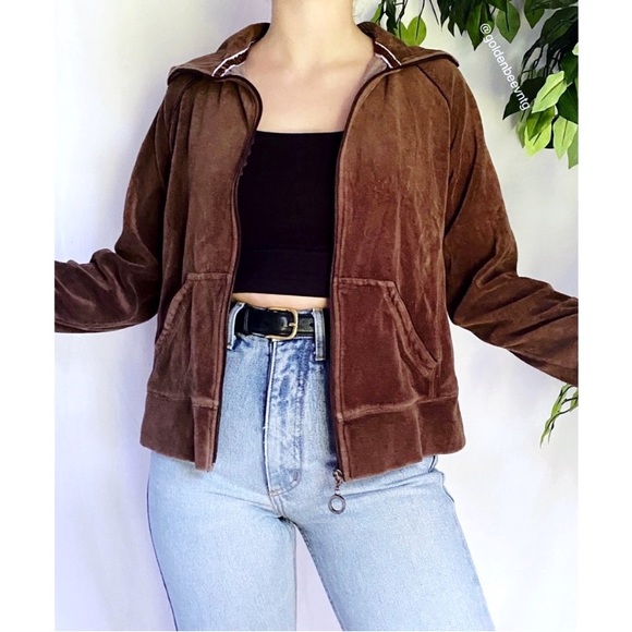 Vintage Y2K Espresso Brown Retro Velour Cozy Collared Zip Up Jacket - Picture 1 of 8